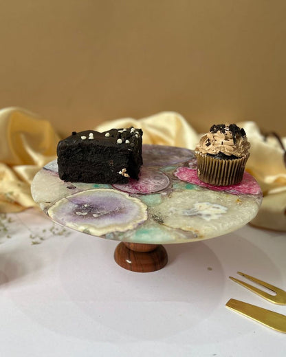 Round Multicolor Agate Cake Stand With Metal Stand