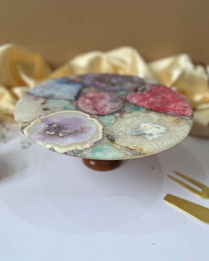 Round Multicolor Agate Cake Stand With Metal Stand