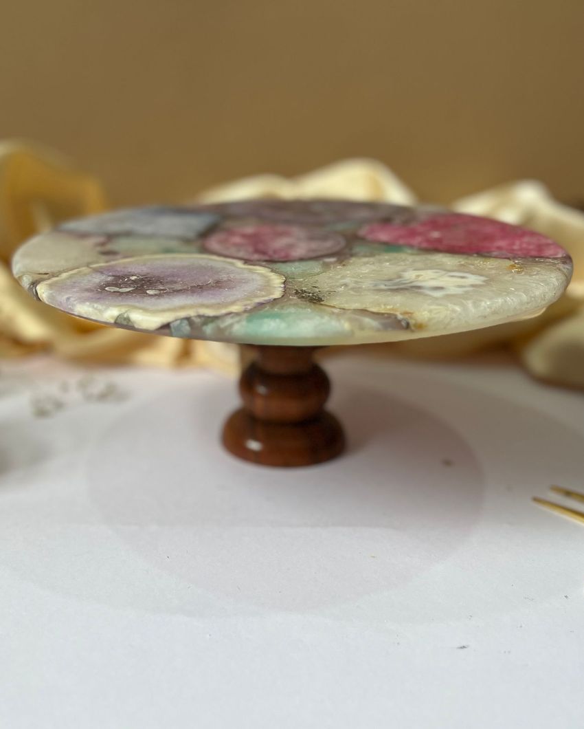 Round Multicolor Agate Cake Stand With Metal Stand