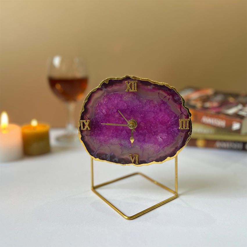 Elegant Crystal Pink Agate Analog Clock with Metal Stand | 5 x 7 x 5 inches