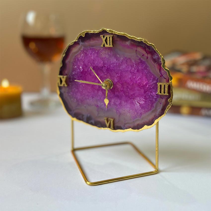 Elegant Crystal Pink Agate Analog Clock with Metal Stand | 5 x 7 x 5 inches