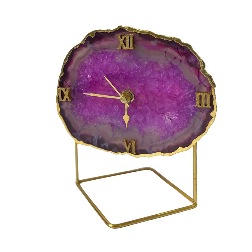 Elegant Crystal Pink Agate Analog Clock with Metal Stand | 5 x 7 x 5 inches