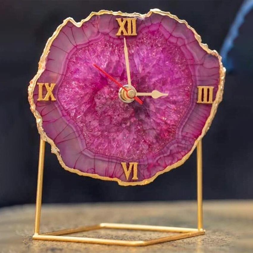 Elegant Crystal Pink Agate Analog Clock with Metal Stand | 5 x 7 x 5 inches