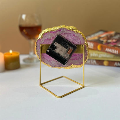 Elegant Crystal Pink Agate Analog Clock with Metal Stand | 5 x 7 x 5 inches