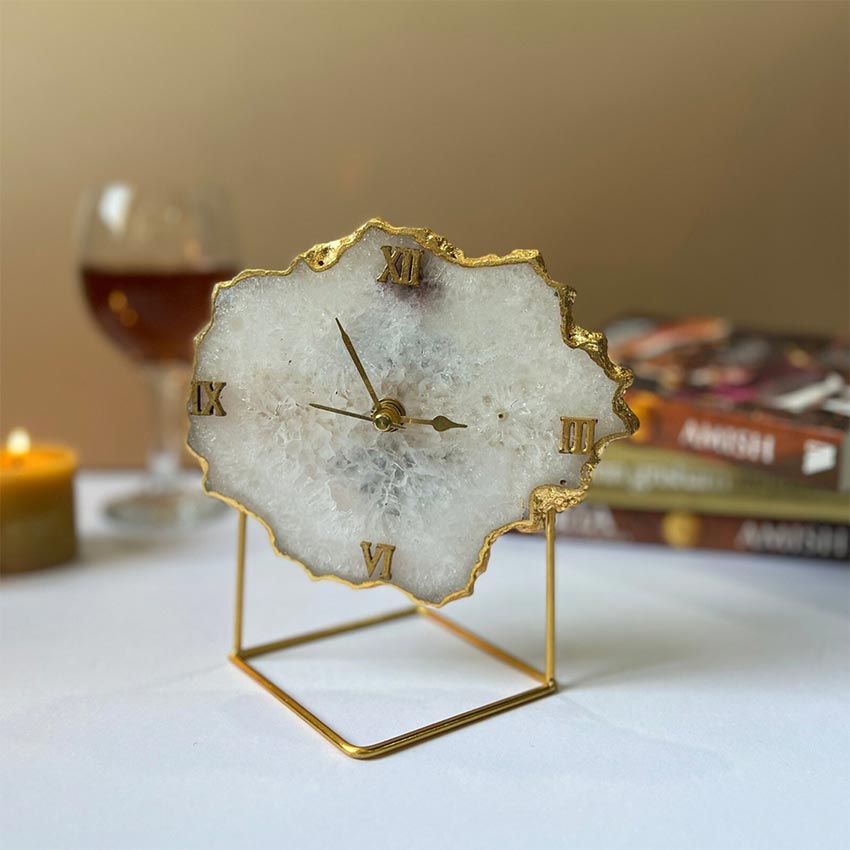 Classic Crystal White Agate Analog Clock with Metal Stand | 5 x 7 x 5 inches