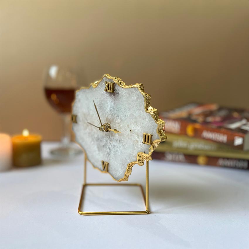 Classic Crystal White Agate Analog Clock with Metal Stand | 5 x 7 x 5 inches