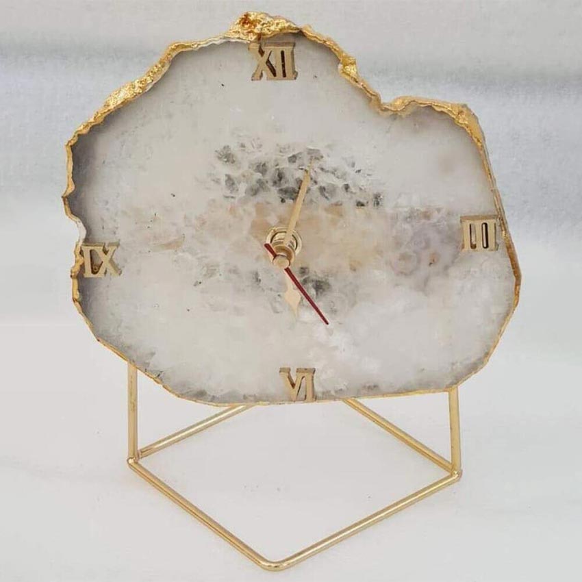 Classic Crystal White Agate Analog Clock with Metal Stand | 5 x 7 x 5 inches