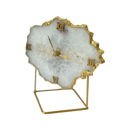 Classic Crystal White Agate Analog Clock with Metal Stand | 5 x 7 x 5 inches