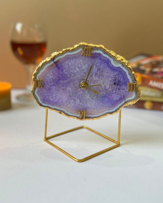 Glowing Agate Large Desktop Clock With Metal Stand Purple