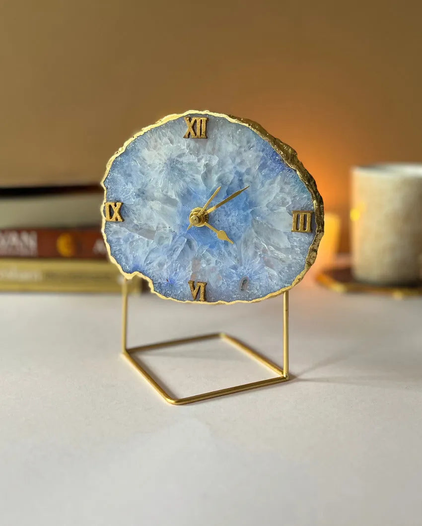 Opulent Design Blue Agate Stone Desktop Table Clock