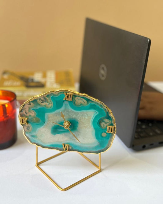 Blue Agate Desktop Table Clock With Metal Stand