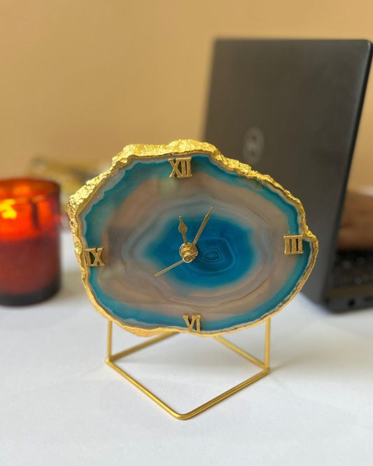 Brazilian Agate Large Desk Table Clock With Metal Stand Light Blue