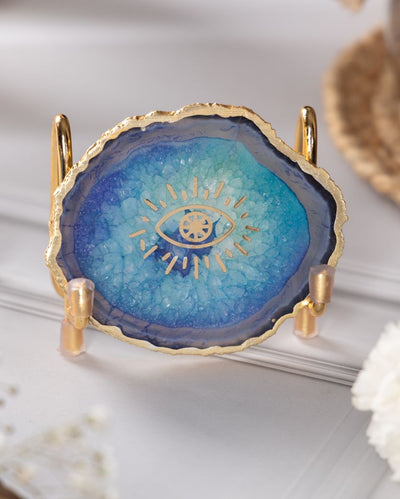 Evil Eye Blue Agate Showpiece With Metal Stand | 4 x 4 x 3.5 inches