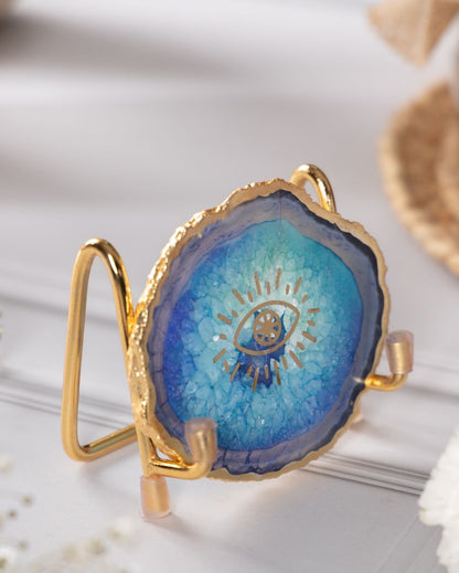 Evil Eye Blue Agate Showpiece With Metal Stand | 4 x 4 x 3.5 inches