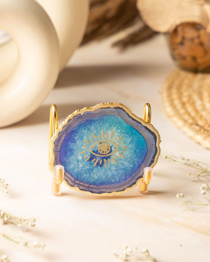 Evil Eye Blue Agate Showpiece With Metal Stand | 4 x 4 x 3.5 inches