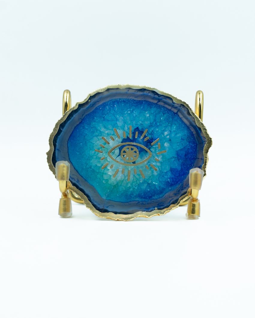 Evil Eye Blue Agate Showpiece With Metal Stand | 4 x 4 x 3.5 inches