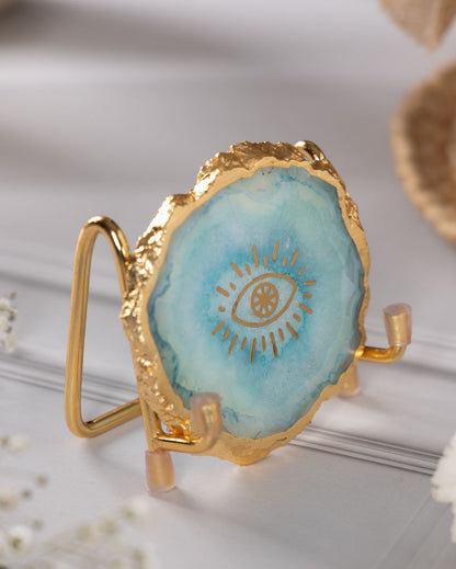 Evil Eye Positive Energy Turquoise Agate Showpiece With Metal Stand | 4 x 4 x 3.5 inches