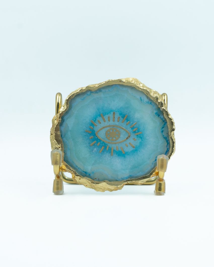 Evil Eye Positive Energy Turquoise Agate Showpiece With Metal Stand | 4 x 4 x 3.5 inches