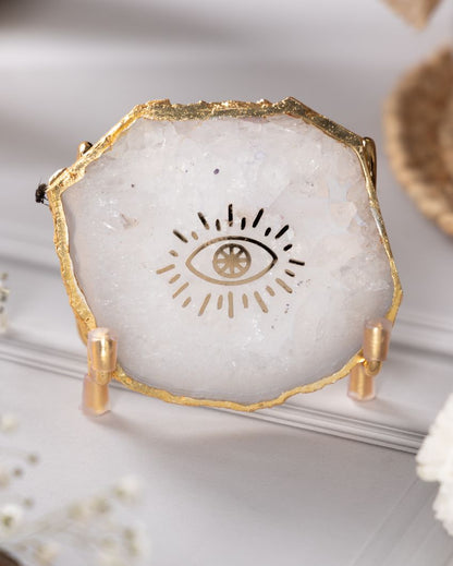 Evil Eye White Agate Showpiece With Metal Stand | 4 x 4 x 3.5 inches