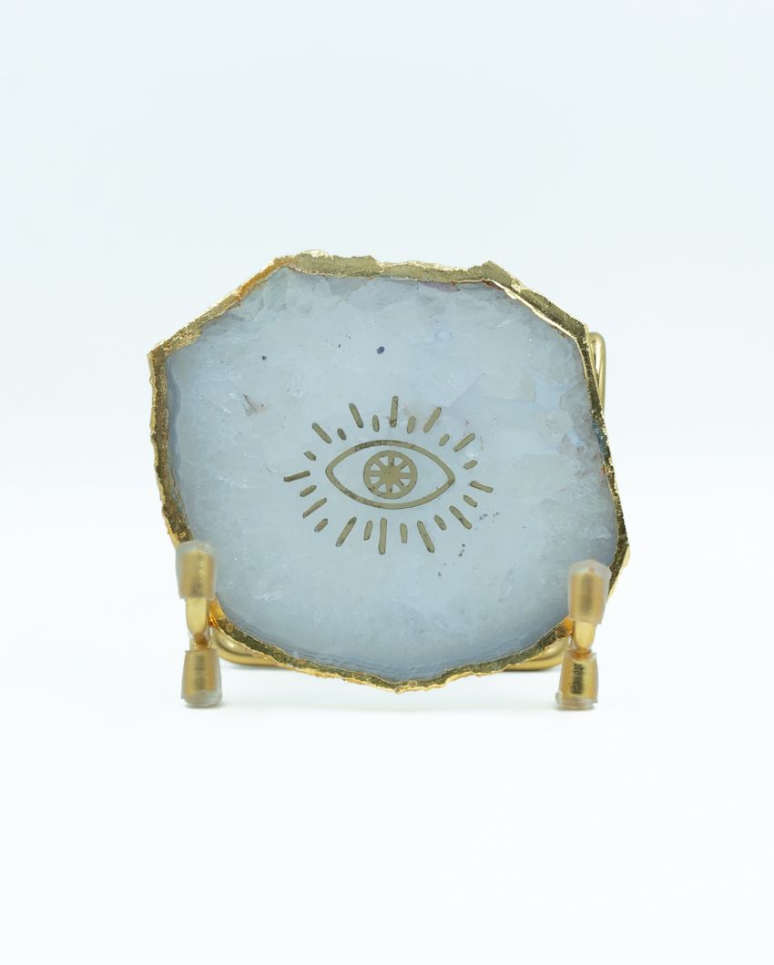 Evil Eye White Agate Showpiece With Metal Stand | 4 x 4 x 3.5 inches