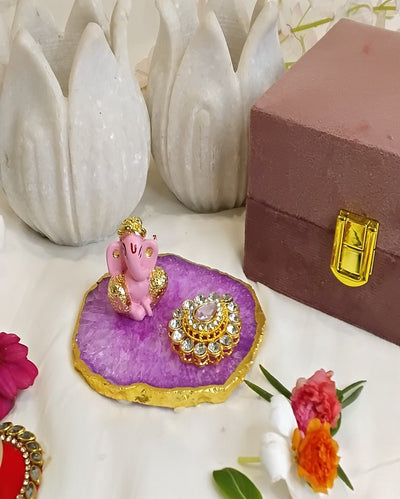 Elegant Ganesha Pink Agate Platter Showpiece with Velvet Box | 4 x 2 inches