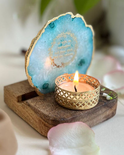 Gayatri Mantra Tea Light Holder Agate with Wood | Multiple Colors | 4 x 3.5 x 3.5  inches