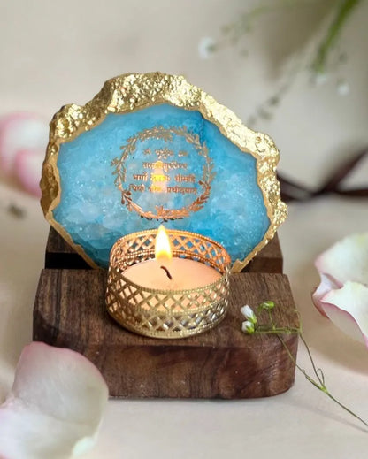 Gayatri Mantra Tea Light Holder Agate with Wood | Multiple Colors | 4 x 3.5 x 3.5  inches