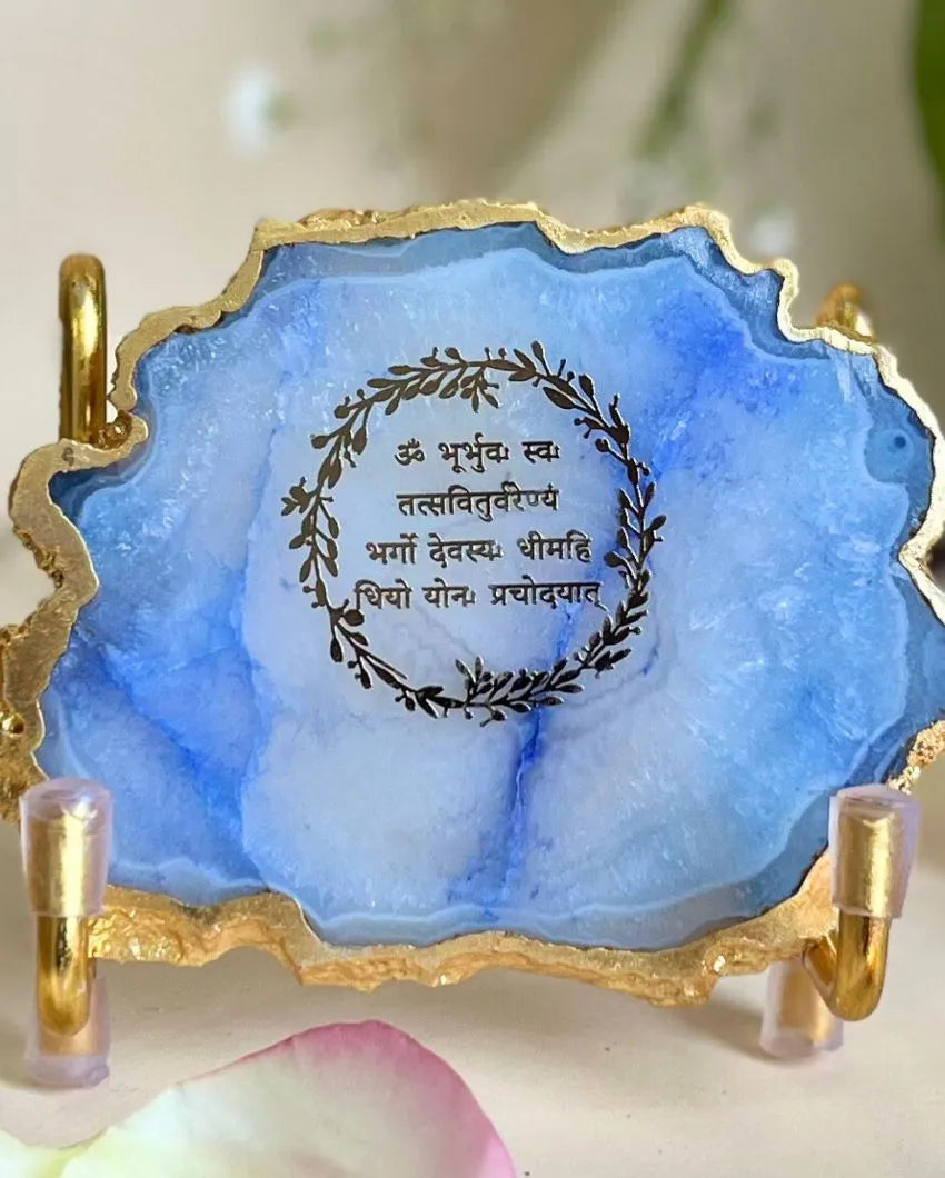 Gayatri Mantra Metal Holder with Agate Decor Object | Multiple Colors | 3.5 x 2 x 3 inches