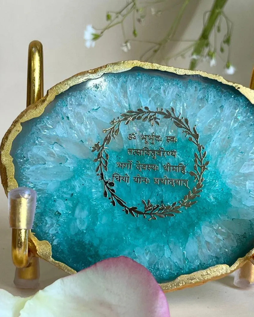 Gayatri Mantra Metal Holder with Agate Showpiece | Multiple Colors | 9 x 5 x 8 inches