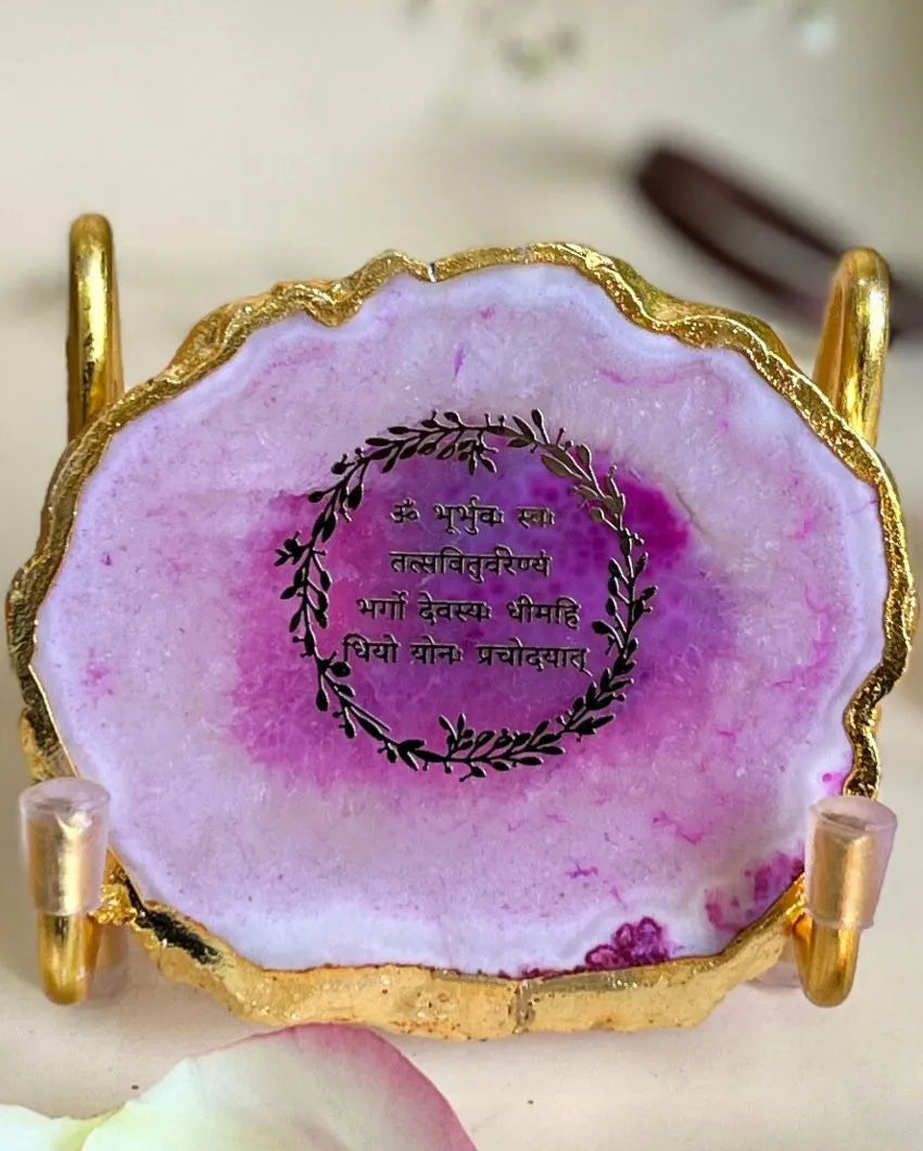 Gayatri Mantra Metal Holder with Agate Decor Object | Multiple Colors | 3.5 x 2 x 3 inches