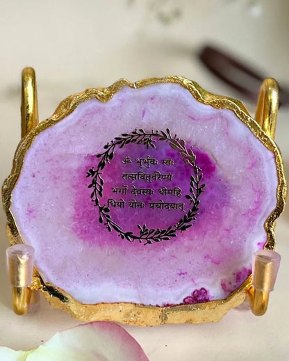 Gayatri Mantra Metal Holder with Agate Decor Object | Multiple Colors | 3.5 x 2 x 3 inches