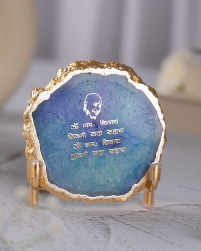 Guru Ji Spiritual Mantra Blue Agate Showpiece With Metal Stand | 4 x 4 x 3.5 inches