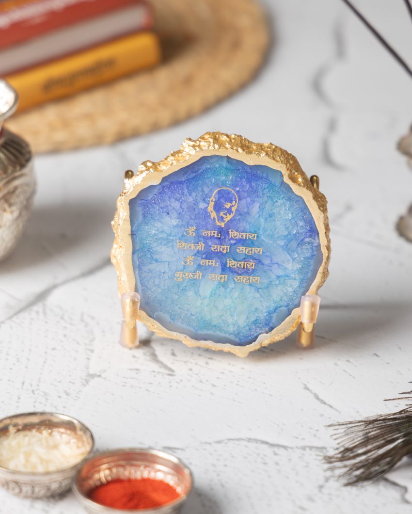 Guru Ji Spiritual Mantra Blue Agate Showpiece With Metal Stand | 4 x 4 x 3.5 inches