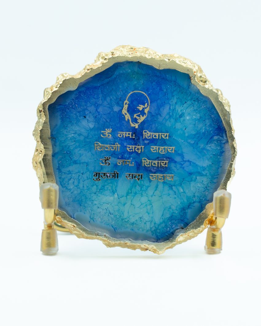 Guru Ji Spiritual Mantra Blue Agate Showpiece With Metal Stand | 4 x 4 x 3.5 inches