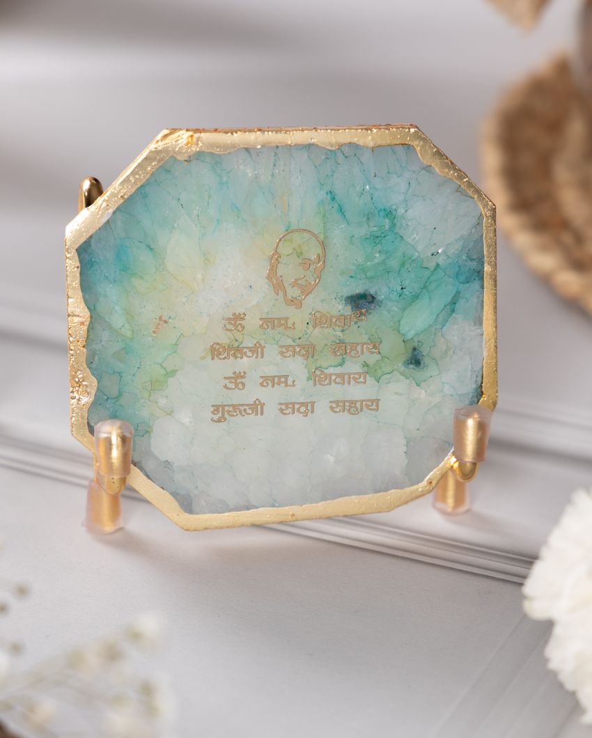 Guru Ji Mantra Green Agate Showpiece With Metal Stand | 4 x 4 x 3.5 inches