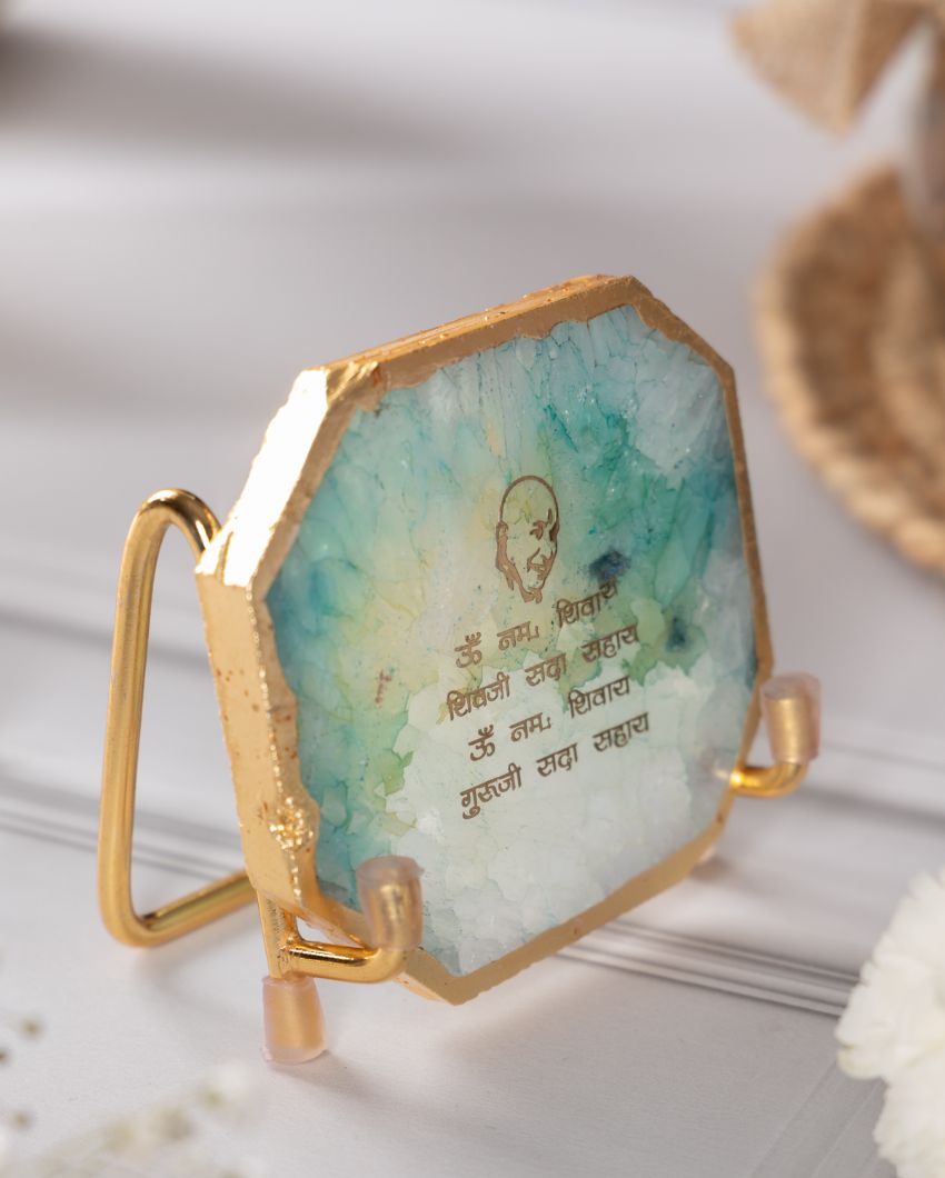 Guru Ji Mantra Green Agate Showpiece With Metal Stand | 4 x 4 x 3.5 inches