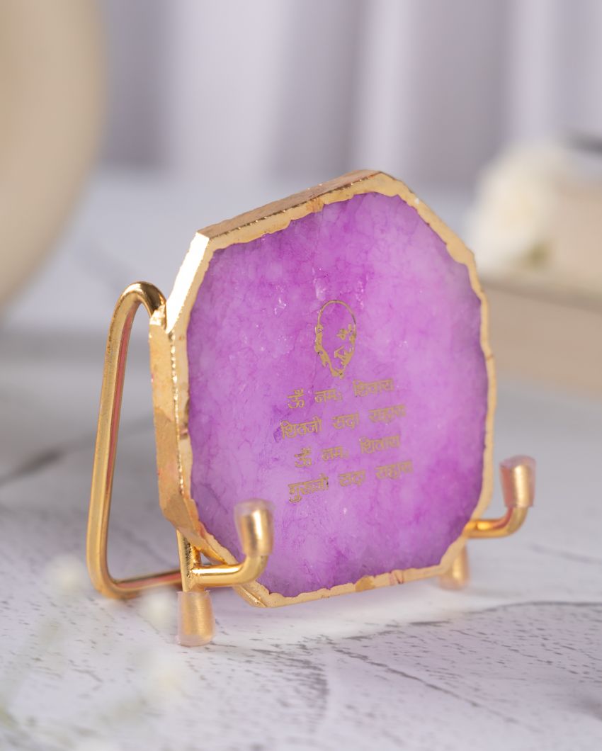 Guru Ji Mantra Pink Agate Showpiece With Metal Stand | 4 x 4 x 3.5 inches