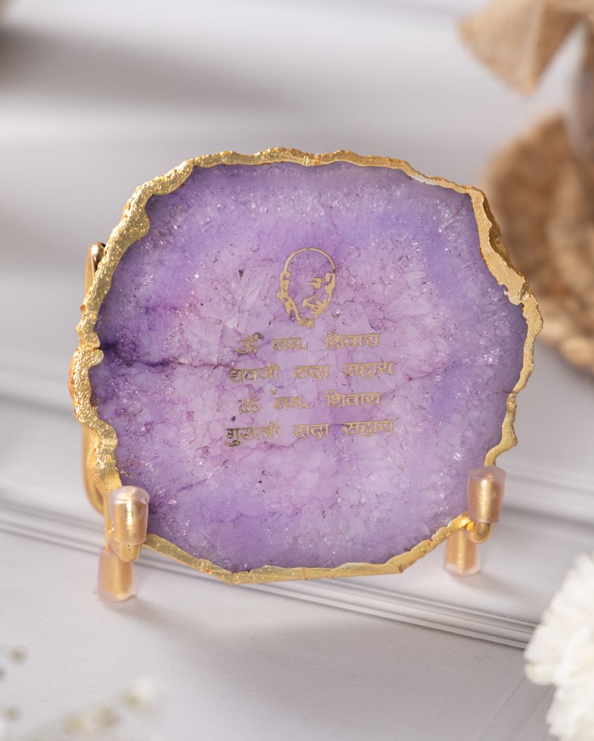 Guru Ji Mantra Purple Agate Showpiece With Metal Stand | 4 x 4 x 3.5 inches