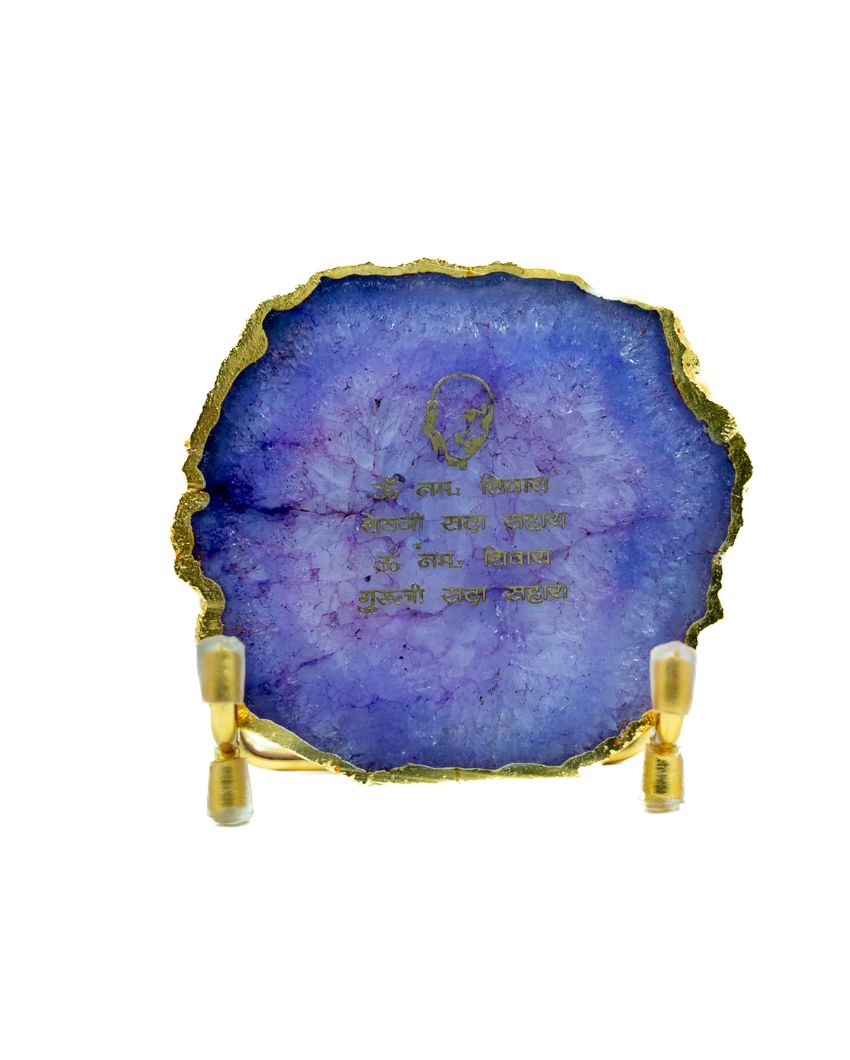 Guru Ji Mantra Purple Agate Showpiece With Metal Stand | 4 x 4 x 3.5 inches