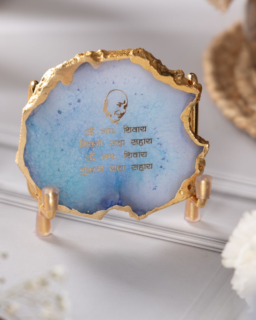 Guru Ji Mantra Turquoise Agate Showpiece With Metal Stand | 4 x 4 x 3.5 inches