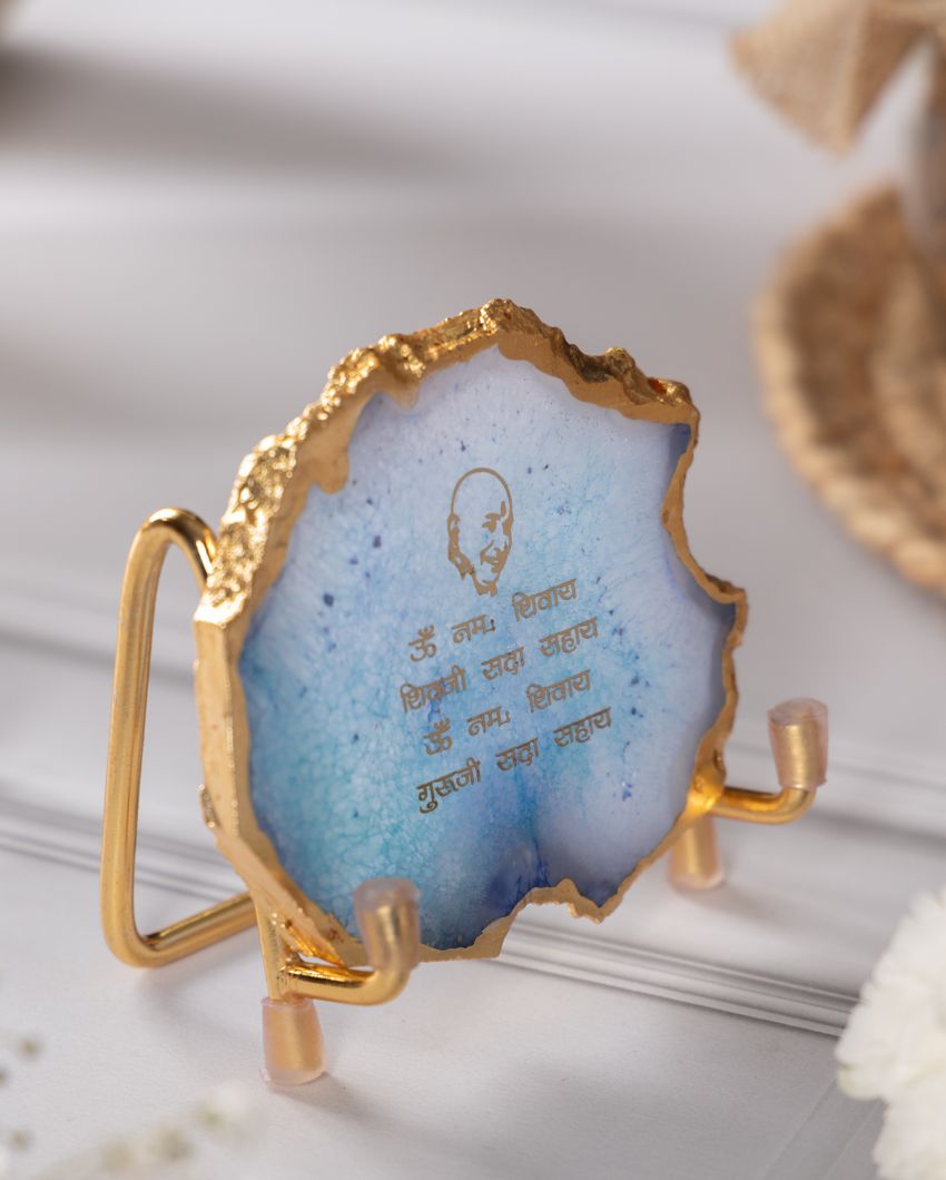 Guru Ji Mantra Turquoise Agate Showpiece With Metal Stand | 4 x 4 x 3.5 inches