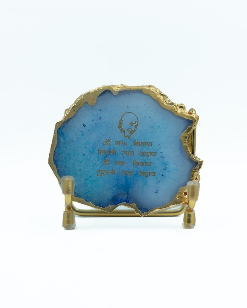 Guru Ji Mantra Turquoise Agate Showpiece With Metal Stand | 4 x 4 x 3.5 inches