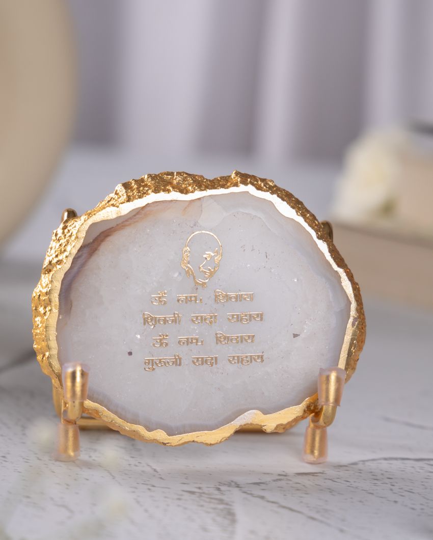 Guru Ji Mantra White Agate Showpiece With Metal Stand | 4 x 4 x 3.5 inches