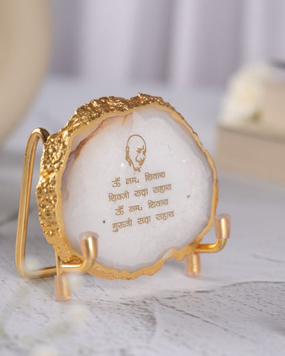 Guru Ji Mantra White Agate Showpiece With Metal Stand | 4 x 4 x 3.5 inches