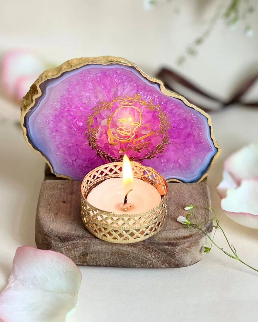 Guru Jee Mantra Tea Light Holder Agate with Wood | Multiple Colors | 4 x 3.5 x 3.5  inches