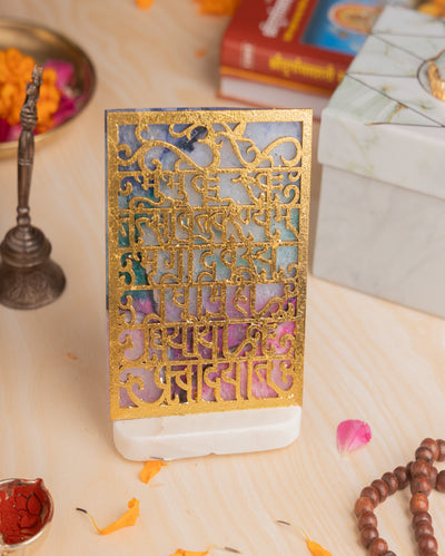Divine Accent Agate Gayatri Mantra Tealight Holder Marble Base Spiritual Decor | 6 x 5 x 5 inches