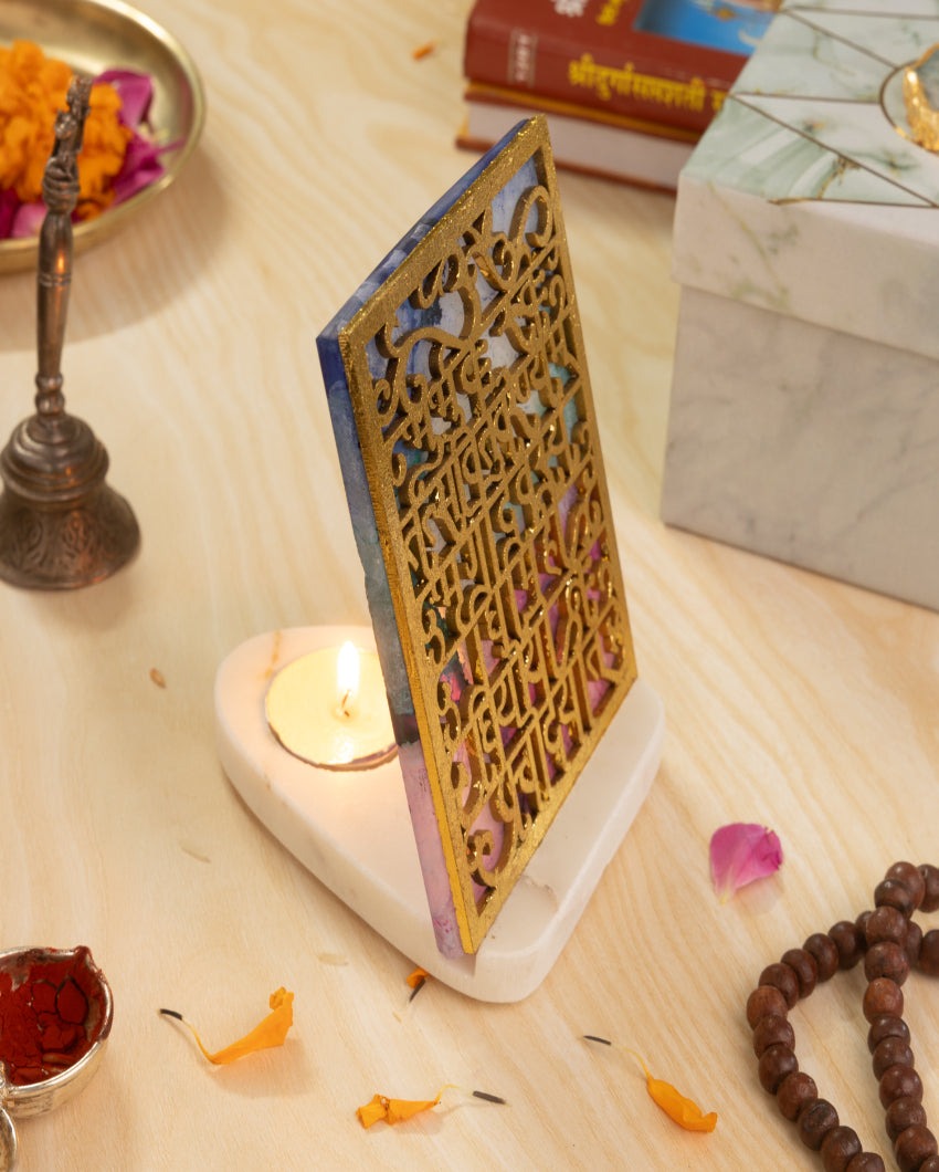 Divine Accent Agate Gayatri Mantra Tealight Holder Marble Base Spiritual Decor | 6 x 5 x 5 inches