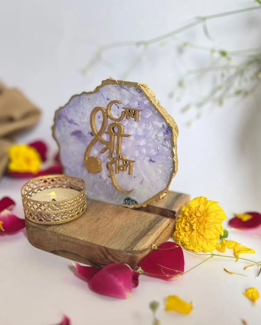 Jai Shree Ram Purple Agate Stone with Wood Stand Showpiece | Multiple Colors | 10 x 9 x 9  inches