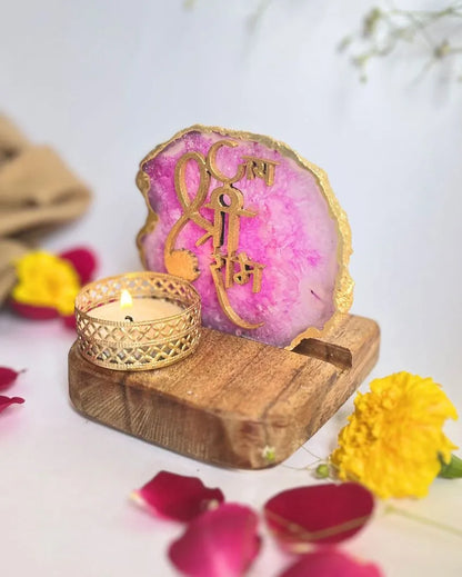 Jai Shree Ram Purple Agate Stone with Wood Stand Decor Object | Multiple Colors | 4 x 3.5 x 3.5  inches