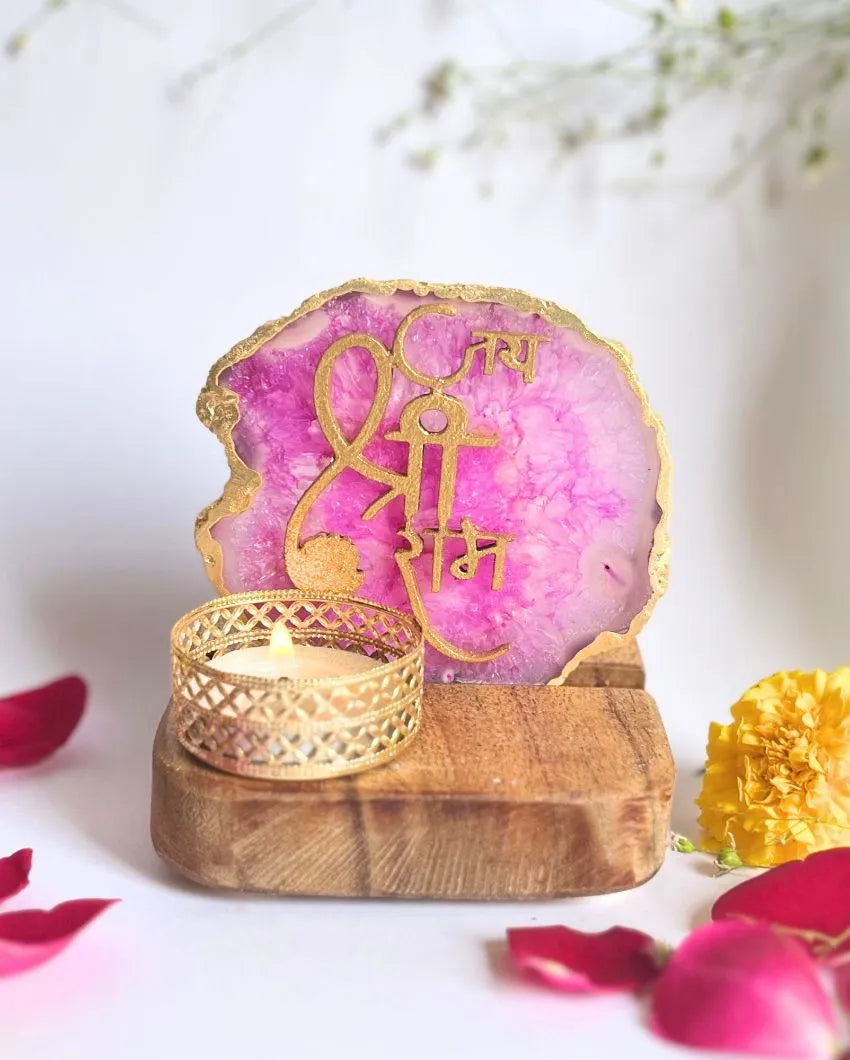 Jai Shree Ram Purple Agate Stone with Wood Stand Showpiece | Multiple Colors | 10 x 9 x 9  inches